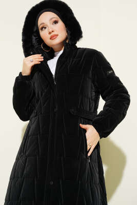 Kapüşonlu Kare Kapitone Uzun Mont Siyah - Mont