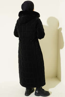Kapüşonlu Kare Kapitone Uzun Mont Siyah - Mont