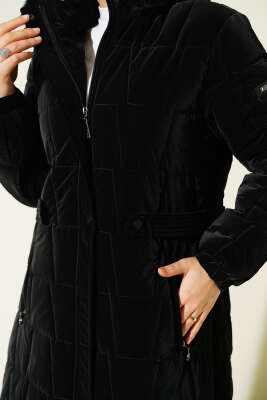 Kapüşonlu Kare Kapitone Uzun Mont Siyah - Mont