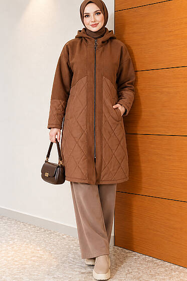 Kapüşonlu Kaşe Garnili Mont Taba - Mont