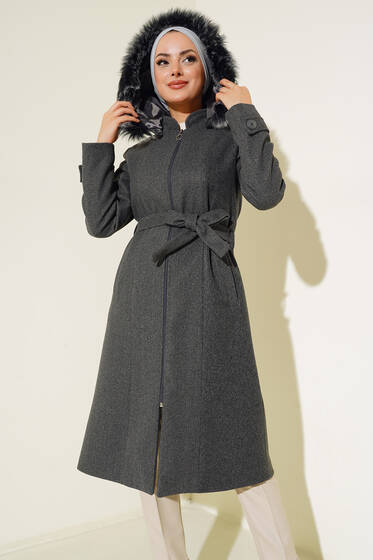 Kapüşonlu Kaşe Kaban Füme - Kaban