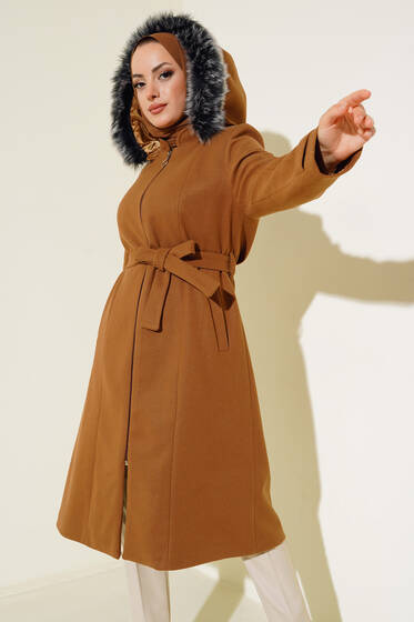 Kapüşonlu Kaşe Kaban Taba - Kaban