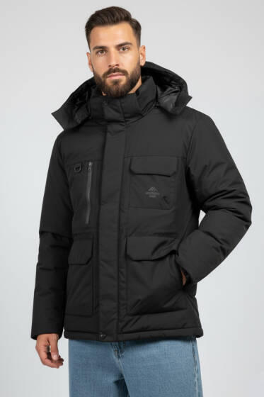 Kapüşonlu Kaz Tüyü Erkek Mont Siyah - Erkek Mont