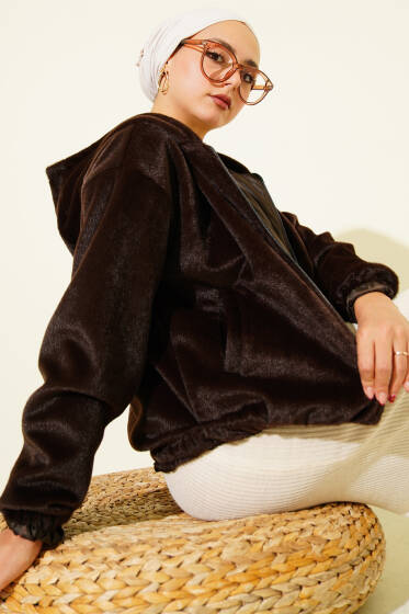 Kapüşonlu Kısa Kaşe Ceket Acı Kahve - Ceket