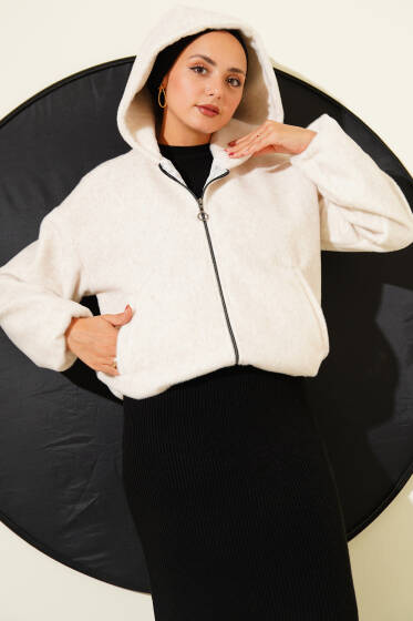 Kapüşonlu Kısa Kaşe Ceket Bej - Ceket