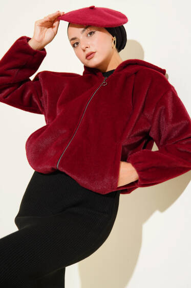 Kapüşonlu Kısa Kaşe Ceket Bordo - Ceket