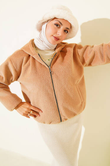 Kapüşonlu Kısa Kaşe Ceket Camel - Ceket