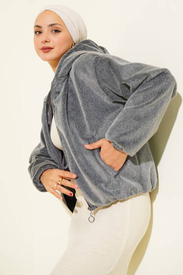 Kapüşonlu Kısa Kaşe Ceket Füme - Ceket