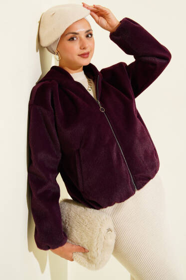 Kapüşonlu Kısa Kaşe Ceket Mürdüm - Ceket