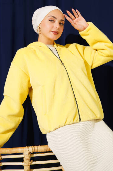 Kapüşonlu Kısa Kaşe Ceket Sarı - Ceket