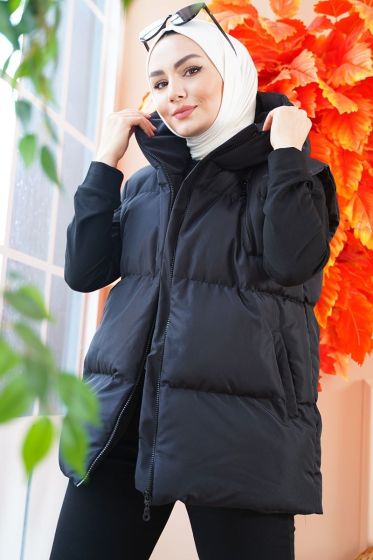 Kapüşonlu Kısa Siyah Şişme Yelek - Şişme Yelek