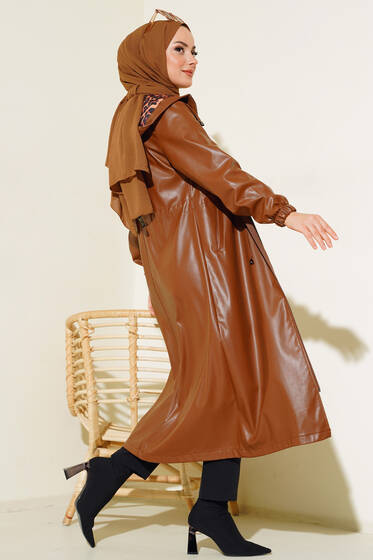 Kapüşonlu Kolları Lastikli Deri Trençkot Taba - Trençkot
