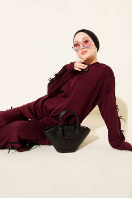 Kapüşonlu Kurdele Detaylı Loyşa İkili Takım Bordo - NESSİA