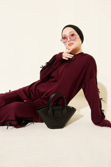 Kapüşonlu Kurdele Detaylı Loyşa İkili Takım Bordo - İkili Takım