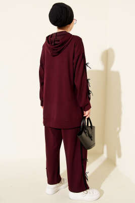Kapüşonlu Kurdele Detaylı Loyşa İkili Takım Bordo - İkili Takım