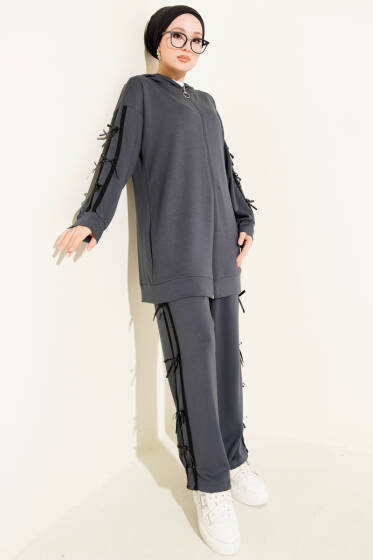 Kapüşonlu Kurdele Detaylı Loyşa İkili Takım Füme - İkili Takım