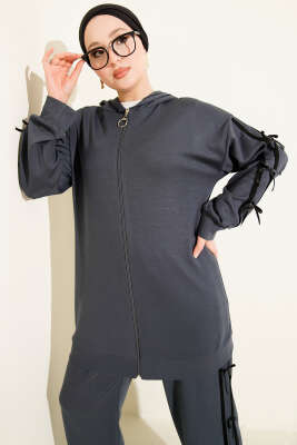 Kapüşonlu Kurdele Detaylı Loyşa İkili Takım Füme - İkili Takım