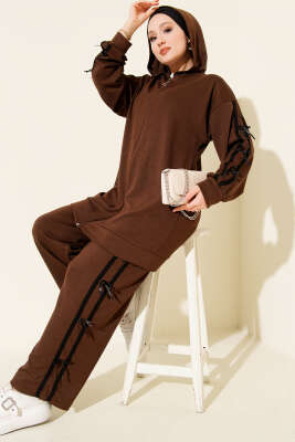 Kapüşonlu Kurdele Detaylı Loyşa İkili Takım Kahve - NESSİA