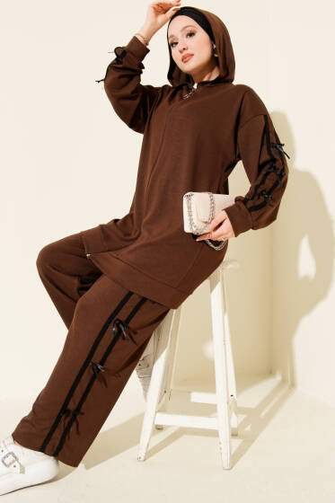Kapüşonlu Kurdele Detaylı Loyşa İkili Takım Kahve - İkili Takım