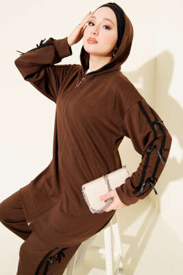 Kapüşonlu Kurdele Detaylı Loyşa İkili Takım Kahve - İkili Takım