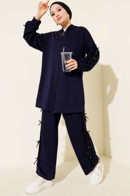 Kapüşonlu Kurdele Detaylı Loyşa İkili Takım Lacivert - NESSİA