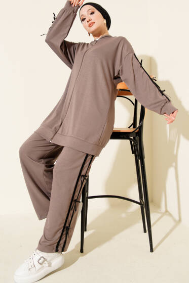 Kapüşonlu Kurdele Detaylı Loyşa İkili Takım Vizon - İkili Takım