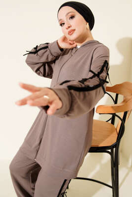 Kapüşonlu Kurdele Detaylı Loyşa İkili Takım Vizon - İkili Takım