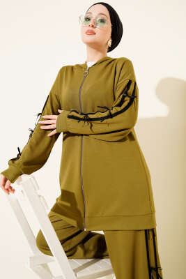 Kapüşonlu Kurdele Detaylı Loyşa İkili Takım Yağ Yeşili - İkili Takım