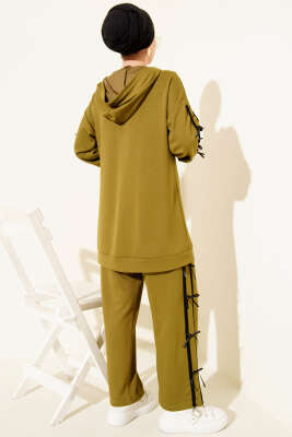 Kapüşonlu Kurdele Detaylı Loyşa İkili Takım Yağ Yeşili - İkili Takım