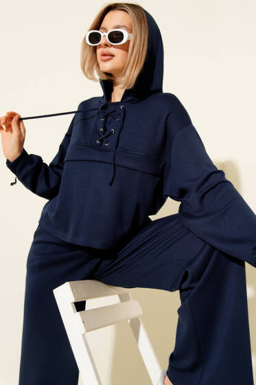 Kapüşonlu Kuş Gözü Detaylı İkili Takım Lacivert - Kadın Giyim Modelleri