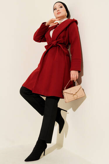 Kapüşonlu Kuşak Detaylı Kaşe Kaban Bordo - Kaban
