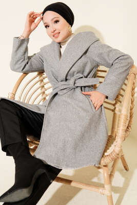 Kapüşonlu Kuşak Detaylı Kaşe Kaban Gri - Kaban