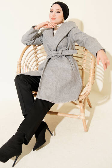 Kapüşonlu Kuşak Detaylı Kaşe Kaban Gri - Kaban
