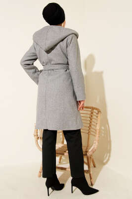 Kapüşonlu Kuşak Detaylı Kaşe Kaban Gri - Kaban