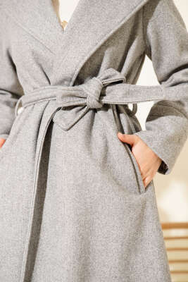 Kapüşonlu Kuşak Detaylı Kaşe Kaban Gri - Kaban