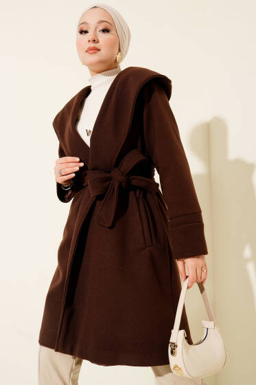 Kapüşonlu Kuşak Detaylı Kaşe Kaban Kahve - Kaban