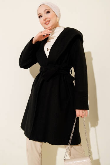 Kapüşonlu Kuşak Detaylı Kaşe Kaban Siyah - Kaban