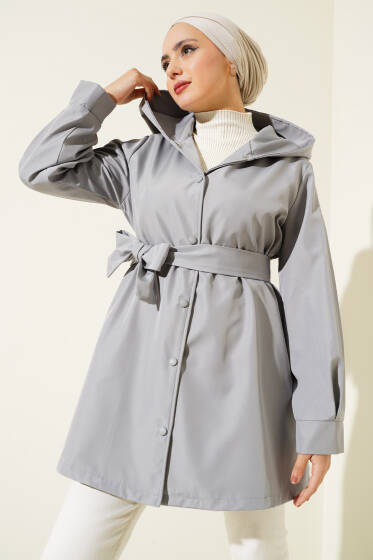 Kapüşonlu Kuşaklı Kap Gri - Dış Giyim&Mont