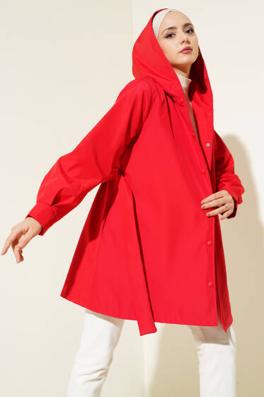 Kapüşonlu Kuşaklı Kap Kırmızı - Dış Giyim&Mont
