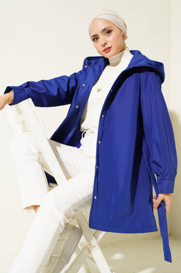 Kapüşonlu Kuşaklı Kap Lacivert - Dış Giyim&Mont