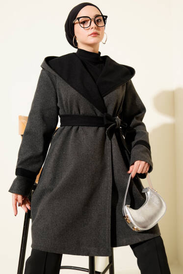 Kapüşonlu Kuşaklı Kaşe Kaban Antrasit - Kaban