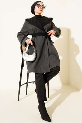 Kapüşonlu Kuşaklı Kaşe Kaban Antrasit - Kaban