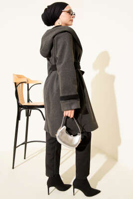 Kapüşonlu Kuşaklı Kaşe Kaban Antrasit - Kaban