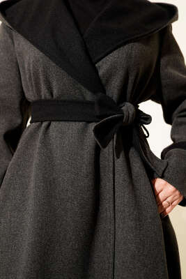 Kapüşonlu Kuşaklı Kaşe Kaban Antrasit - Kaban