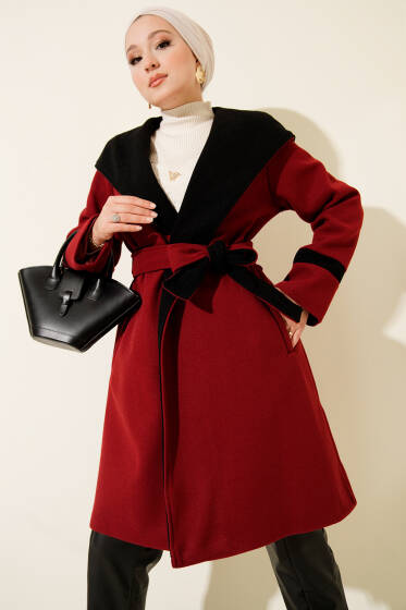 Kapüşonlu Kuşaklı Kaşe Kaban Bordo - Kaban