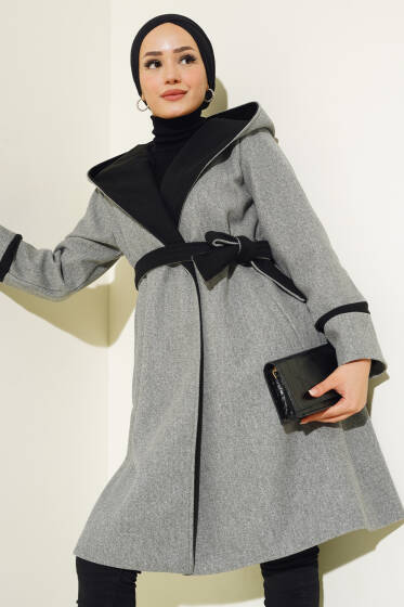 Kapüşonlu Kuşaklı Kaşe Kaban Gri - Kaban