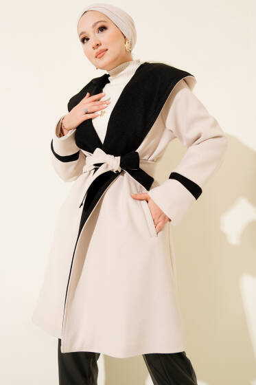 Kapüşonlu Kuşaklı Kaşe Kaban Taş - Kaban