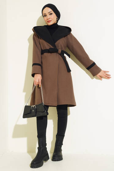 Kapüşonlu Kuşaklı Kaşe Kaban Kahve - Kaban