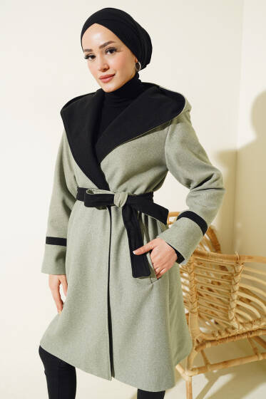 Kapüşonlu Kuşaklı Kaşe Kaban Mint - Kaban