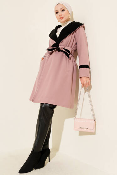 Kapüşonlu Kuşaklı Kaşe Kaban Pudra - Kaban